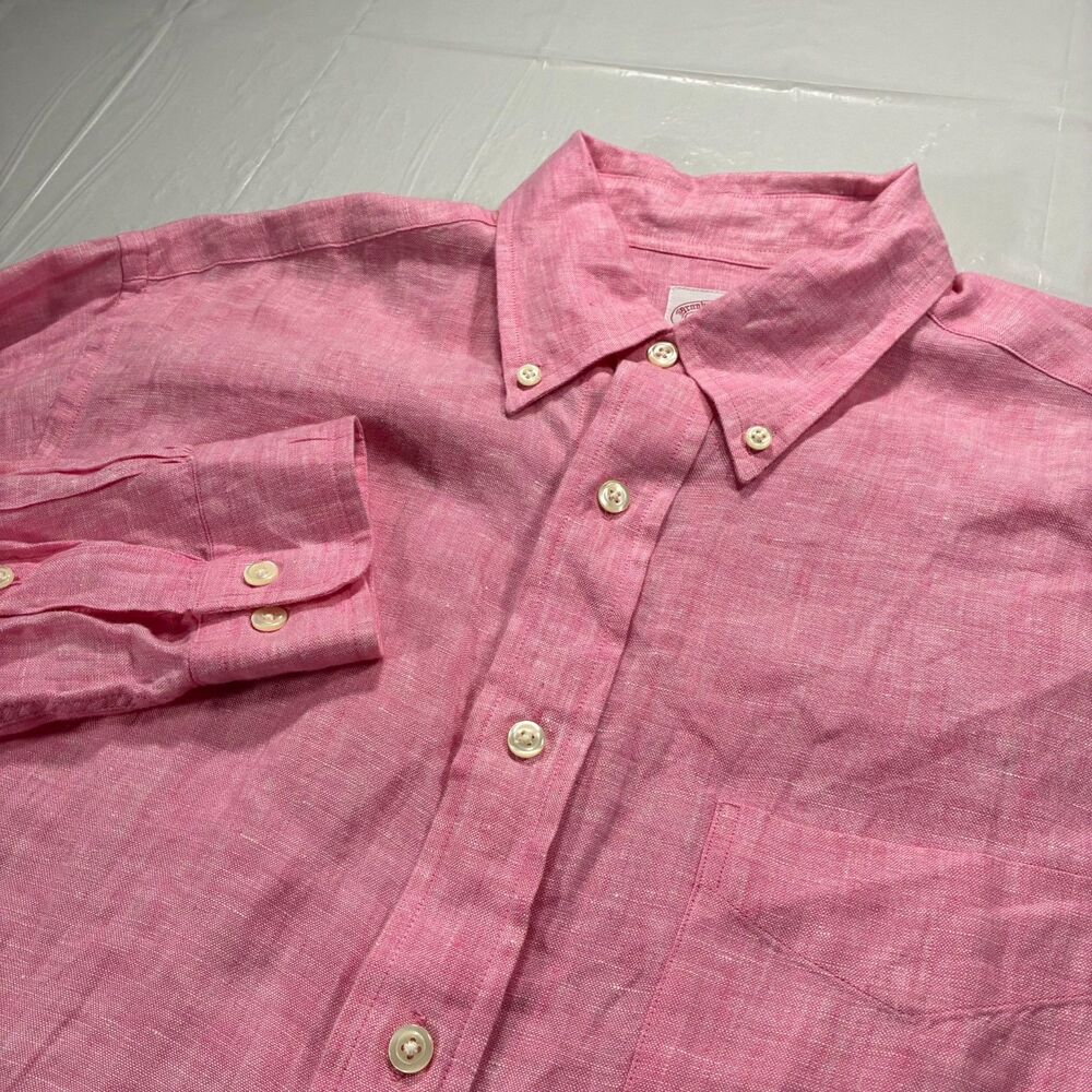 Brooks Brothers 100% Linen Long Sleeve Button Down Shirt Men's Medium Pink